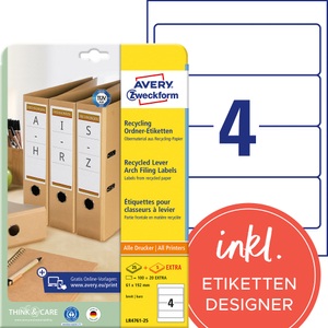 Avery Zweckform, AVERY Zweckform Ordneretiketten LR4761-25 Ultragrip Naturweiss DIN A4 192 x 61 mm 30 Blatt à 4 Etiketten, Ordner-Etiketten AVERY® Zweckform, für Druckertyp Inkjet/Laser, rechteckig, permanent, 120 St., B 61 x H 192 mm, breite Ordner, Papier, naturweiss
