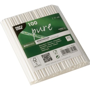PAPSTAR, Papstar Rührstäbchen Pure Papier 110 mm Weiß, Papstar Kuchen- und Snackgabeln Pure Papier 127 mm Weiß 100 Stück