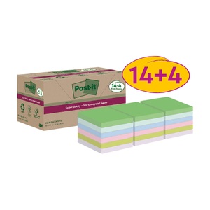 POST-IT, Post-it Super Sticky Recycelte Haftnotizen 76 x 76 mm Farbig sortiert 70 Blatt Vorteilspackung 14 + 4 Gratis, Post-it Notizzettel Super Sticky Recycling, Mehrfarbig, 18 Blöcke