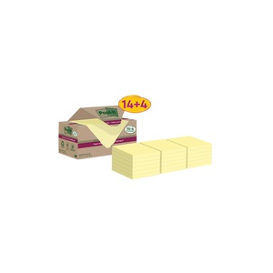 POST-IT, Post-it Super Sticky Recycelte Haftnotizen 76 x 76 mm Kanariengelb 70 Blatt Vorteilspackung 14 + 4 Gratis, Post-it Notizzettel Super Sticky Recycling, Gelb, 18 Blöcke
