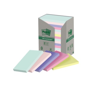 POST-IT, Post-it Haftnotizen Farbig Sortiert 76 x 127 mm 100 Blatt 16 Stück, Post-it Notizzettel Recycling Notes 7.6 x 12.7 cm, 16 Blöcke