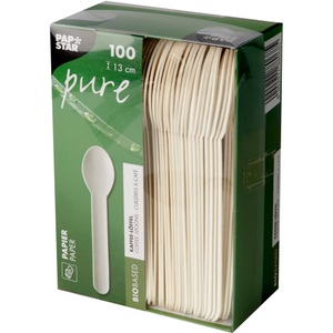 PAPSTAR, Papstar Kuchen- und Snackgabeln Pure Papier 127 mm Weiß 100 Stück, Papstar Kaffeelöffel Pure Papier 130 mm Weiß 100 Stück