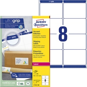 undefined, Avery L7165-100 selbstklebende Etikette, AVERY Zweckform Versandetiketten L7165-100 Ultragrip Weiss DIN A4 99,1 x 67,7 mm 100 Blatt à 8 Etiketten