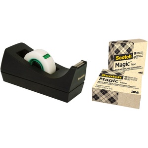 Scotch, Sparset Tischabroller Scotch® + 3 Rollen Scotch® Klebeband „Magic Tape: A Greener Choice“, Scotch® C38 Tischabroller schwarz + Scotch® Magic? Klebeband, mit 66 % pflanzlichem Klebstoff hergestellt, 19 mm x 33 m, inkl. 3 Rollen