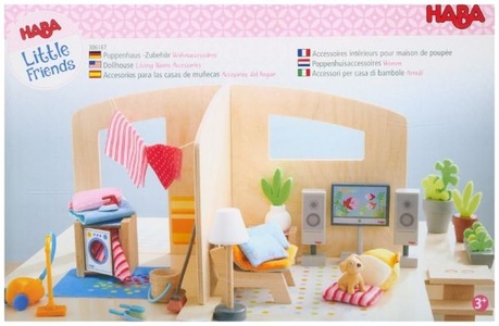 undefined, Little Friends Puppenhaus-Zubehör Wohnaccessoires - 3 Pflanzentöpfe, 1 Blumenkasten, 1 Vase, 1 Fernseher, 2 Boxen, 1 Leuchte, 4 Kissen, 2 Decken, 1 Staubsauger, 1 Besen, 1 Handbesen mit Schaufel, 1 Eimer, 1 Spiegel, 1 Waschmaschine, 1 Wäschekorb, , 