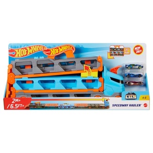 undefined, Hot Wheels Mega Action Transporter, Hot Wheels - 2-in-1 Rennbahn-Transporter inkl. 3 Spielzeugautos, Multicolor