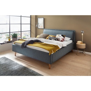 Livetastic Polsterbett 160/200 cm in blau , Frieda , Textil , Esche , 160 cm , gebeizt,Flachgewebe,Echtholz , 000101018517