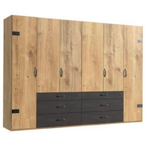 fresh to go, Fresh To Go Kleiderschrank »Detroit«, MID.YOU Drehtürenschrank in graphitfarben, eichefarben , Detroit B: 300 CM Plankeneiche , Metall , 4 Fächer , 6 Schubladen , 300x216x58 cm , Dekorfolie,Dekorfolie,Nachbildung,Nachbildung , In verschiedenen Grössen erhältlich , 001787052303