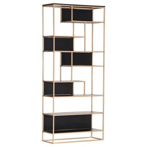 Jack und Alice, home24 Regal Harbin, Lomoco Regal 87/200/35 cm schwarz, goldfarben , Porto -Lomoco- , Metall , Akazie , massiv , 87x200x35 cm , lackiert,lackiert,lackiert, gebeizt, sandgestrahlt,Echtholz , 001877082405