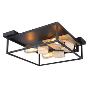 mutoni light, Deckenleuchte Hagar Metall schwarz matt 3xE27, Globo DECKENLEUCHTE 44/44/14,5 cm , 15477D1 , Naturfarben, Schwarz , Holz, Metall , 44x14.5 cm , 004558065601