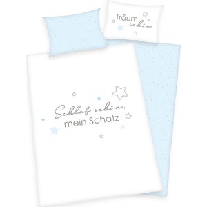 HERDING, HERDING Baby-Bettwäsche SCHLAF SCHÖN (40x60/100x135) in hellblau, Baby Best Babybettwäsche »Kleiner Schatz«, mit liebevollem Motiv und Schriftzug