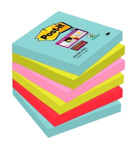 POST-IT, Post-it® Super Sticky Notes, Miami-Farbkollektion, Format 76 x 76 mm, 6 Blöcke, 3M Post-it Super Sticky Notes, 76mm x 76mm, Miami 4 Farben, 654-6SS-MIA, (6 x 90 Blatt)
