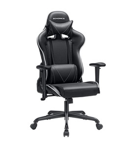 SONGMICS, Songmics - Gaming Chair Computerstuhl mit hoher Rückenlehne Rennstuhl Gepolsterte Sitzkopfstütze und Lendenkissen Verstellbare Bürostudie Schwarz RCG47BK, 
