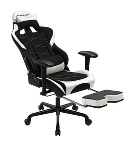 SONGMICS, Songmics - Gaming Stuhl mit Fußstütze, 150 kg, Bürostuhl, Schreibtischstuhl, Lendenkissen, Kopfkissen, hohe Rückenlehne, ergonomisch, Stahl, Kunstleder, atmungsaktives Meshgewebe, schwarz-weiß RCG52BW, 