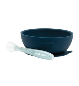Nattou, Nattou - SILIKON Schüssel mit Löffel navyblau-hellblau, 