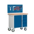 Kleine Kompaktwerkbank mit Flügeltürschrank + 4 Schubladen + Multiwandaufbau H 460 mm, fahrbar