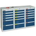 stumpf® Schubladenschrank Premium, Schubladen 12x100 + 6x200 mm, HxBxT 900 x 1.500 x 500 mm, lichtgrau/enzianblau