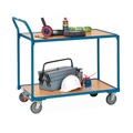 fetra® Tischwagen, TK 300 kg, 2 Etagen à 850 x 500 mm, hochstehender Schiebebügel, mit Zentralbremse