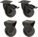 Proroll Gummireifen schwarz, thermoplastisch, mit Montageplatte, Set-Angebot 2 Lenkrollen mit Doppelstopp und 2 Bockrollen Rad-Ø x Breite 75 x 23 mm