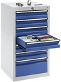 Schubladenschrank HxBxT 900 x 500 x 500 mm, 6 Schubladen 100 mm, 1 Schublade 200 mm hoch Korpus lichtgrau, Schubladen enzianblau