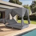 vidaXL, vidaXL Outdoor-Lounge-Bett mit Vorhängen Poly Rattan Grau