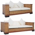 2-tlg. Sofagarnitur mit Auflagen Braun Natur Rattan