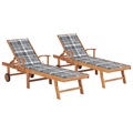 vidaXL Sonnenliegen 2 Stk mit Auflagen Grau Karomuster Massivholz Teak