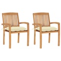 vidaXL Gartenstühle 2 Stk. mit Cremeweißen Kissen Massivholz Teak