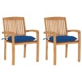 vidaXL Gartenstühle 2 Stk. mit Blauen Kissen Massivholz Teak