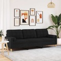 vidaXL Sofa 3-Sitzer mit Zierkissen Schwarz 210 cm Stoff