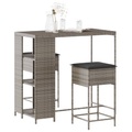 vidaXL 3-tlg. Gartenbar-Set mit Kissen Grau Poly-Rattan