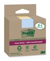 3M Post-it SuperSticky Notes, 76mm x 76mm, Recycling, assortiert, 654 RSSCOL 3+1F, (4 x 70 Blatt)