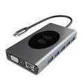 14in1 USB C Multiport Adapter mit Qi-Charger / 2x 4K HDMI / VGA / USB C / 5x USB 3.0 / LAN / 3.5