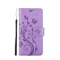 iPhone 12 / iPhone 12 Pro Leder Tasche mit Kartenfach + Handschlaufe Butterfly Flowers - Lila