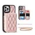 iPhone 12 Pro Max Necklace Leder Hülle mit Magnet Wallet Kreditkarten Münzfach + Handykette (140cm) - Roségold