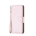 iPhone 14 Plus Leder Tasche Flip Cover im Litchi Look mit Kartenfach + Handschlaufe - Roségold