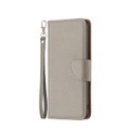 iPhone 14 Pro Max Leder Tasche Flip Cover im Litchi Look mit Kartenfach + Handschlaufe - Grau