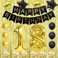 (53-tlg. Set) Happy Birthday Girlande 18. Geburtstag Party Deko + Latex- und Folienballons / Konfetti Ballons / Lametta Vorhang - Gold / Schwarz