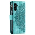 Sonstige Marke, Samsung Galaxy A54 Leder Tasche Flip Cover mit Reissverschluss - Mandala Flowers Imprint - Türkis