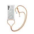 Samsung Galaxy S23 Ultra 5G Necklace Gummi Hülle Liquid Glitzer + Handykette (130cm) - Braun / Silber