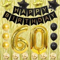 (53-tlg. Set) Happy Birthday Girlande 60. Geburtstag Party Deko + Latex- und Folienballons / Konfetti Ballons / Lametta Vorhang - Gold / Schwarz