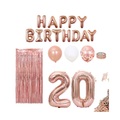 (86-tlg. Set) Happy Birthday Girlande 20. Geburtstag Party Deko + Ballons / Streukonfetti / Lametta Vorhang - Roségold