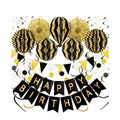 (37-tlg. Set) Happy Birthday Girlande Geburtstags Party Deko + Papier Wabenkugeln / Spiralen Girlanden - Schwarz / Gold