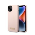 Guess - iPhone 14 MagSafe Silikon Hardcase Hülle Logo Plate (GUHMP14SSBPLP) - Rosa / Gold
