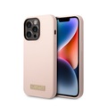 Guess - iPhone 14 Pro MagSafe Silikon Hardcase Hülle Logo Plate (GUHMP14LSBPLP) - Rosa / Gold