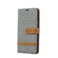 Samsung Galaxy A40 Stoff Tasche im Jeans Look mit Kartenfach + Magnetverschluss - Grau / Braun