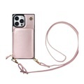 Apfelkiste © - iPhone 14 Pro Necklace Leder Schutz Hülle mit Kartenfächer + Handykette (140cm) - Roségold