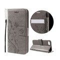 iPhone 8 / iPhone 7 Leder Tasche mit Kartenfach + Handschlaufe Butterfly Flowers - Grau