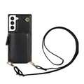 Apfelkiste © - Samsung Galaxy S21 FE 5G Necklace Leder Schutz Hülle mit Kartenfächer + Handykette (140cm) - Schwarz