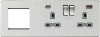 KnightsBridge Screwless 13A 2G DP Socket with USB Fastcharge + 2G Modular Combination Plate - Brushed Chrome, Grey Insert